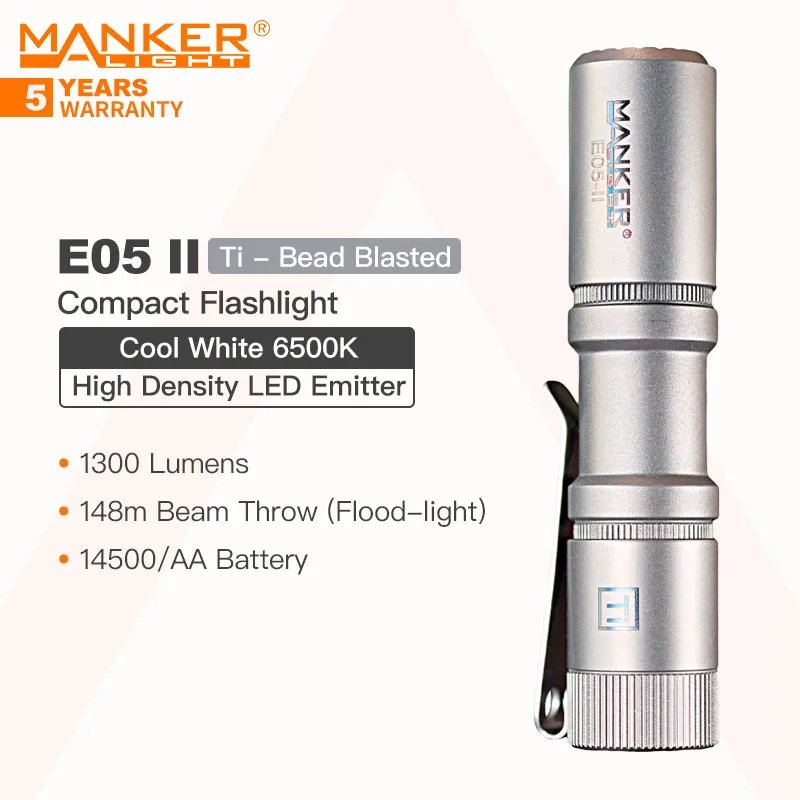 Фото Компактный фонарь Manker E05 II (версия с титановым напылением, холодный белый свет, 6500K), светодиодный излучатель высокой плотности, 1300 люмен №2