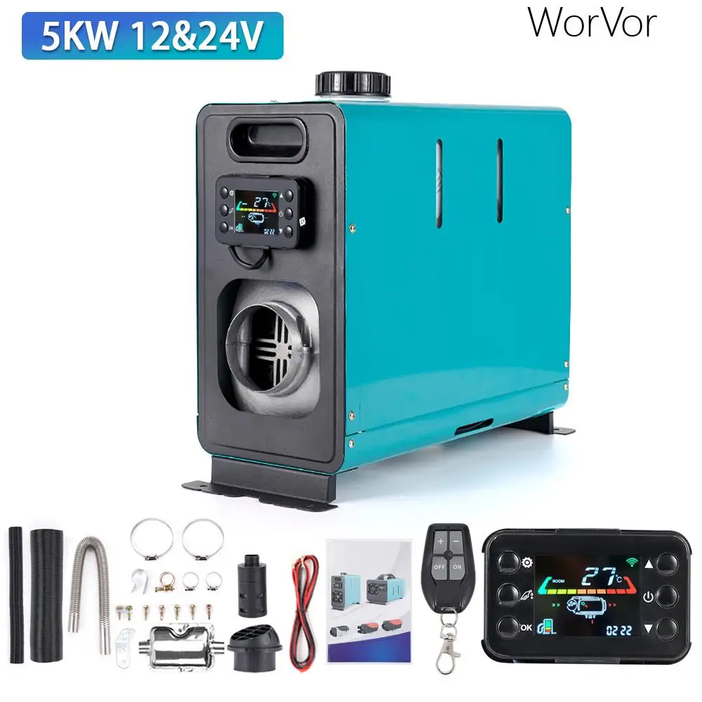 

Портативный воздушный дизельный Обогреватель, 5 кВт, 12 В, 24 В, 1/4 отверстий, ЖК-переключатель, дистанционное управление, алюминиевый корпус для грузовиков, лодок, синие Подогреваемые детали