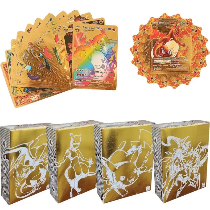 

60 Anime Pokémon Spanish Gold Foil Cards DX Cards Firebreathing Dragon Board Game Trading Combat Cards Children's Toys Pokémon