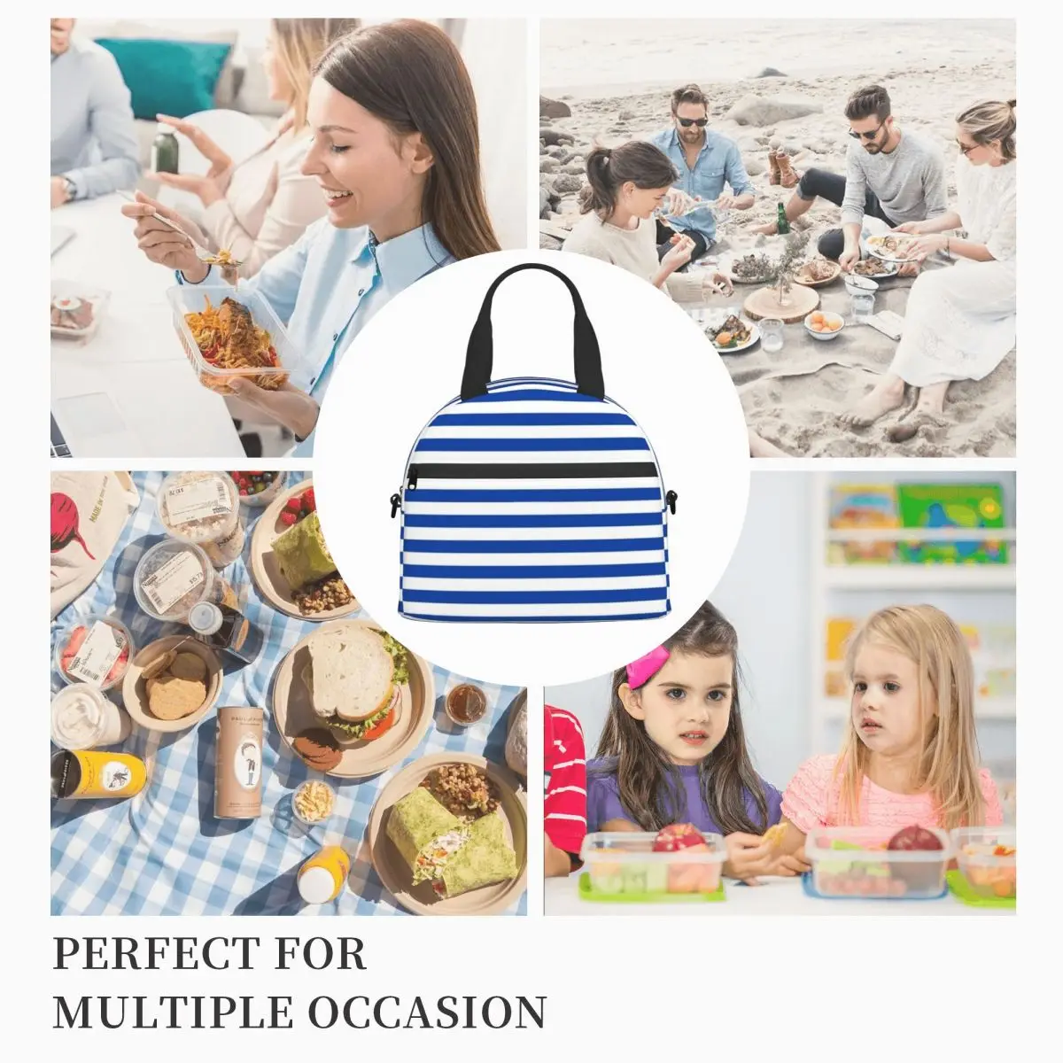 Nautical Lunch Bag with Handle Blue and White Vertical Stripes Pearl Cotton Cooler Bag Wholesale Fancy Clutch Picnic Thermal Bag images - 6