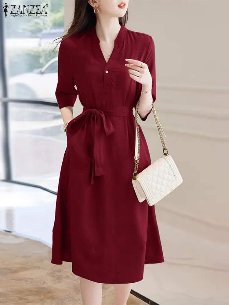 

2023 ZANZEA Elegant Midi Dress Women Summer V Neck 3/4 Sleeve Office Lady Sundress Work Robe Femme Casual Party Belted Vestido