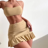 new summer 2022 fashion hot selling breathable solid color halter belt neck halter back high waisted pleated skirt suit