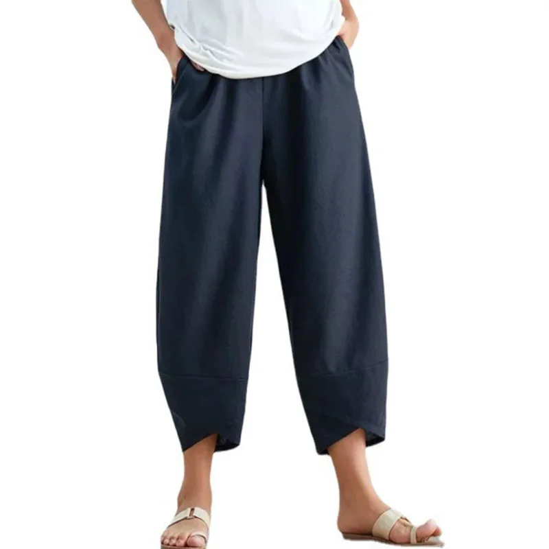 Plus Size Thin Style Cotton Linen Trousers Loose Comfortable Elastic Waist Solid Color Nine Point Casual Pants Women