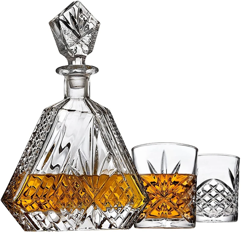 

Hellodream Whiskey Decanter Set with 2 Old Fashioned Whisky Glasses for Liquor Scotch Bourbon or Wine