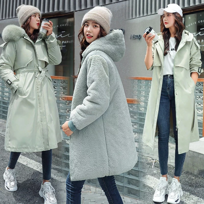 2021 Women's Winter Jacket Hooded Thick Warm Cotton Padded Parkas Woman Wool Liner Distachable Large Coat Three Ways Wear