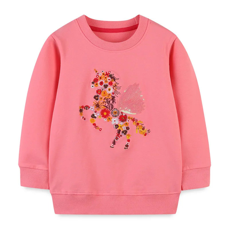 

2022 New Spring Autumn Pink Kids Girls Long Sleeve Top 100% Cotton Horse Print Raglan Sleeve T-shirts Clothes Cartoon Tees