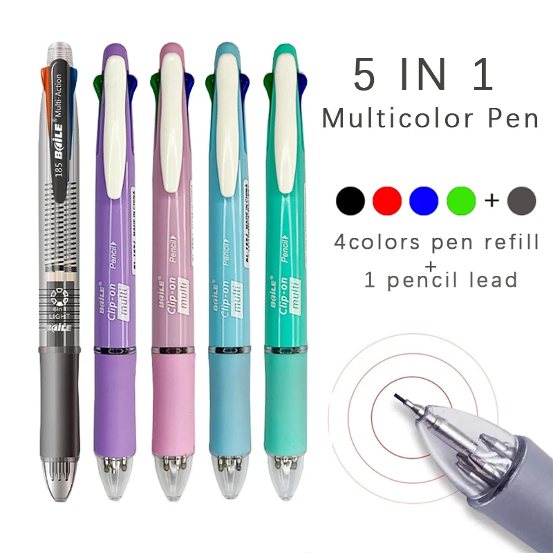 

5 In 1 Multifunction 4 Color Ballpoint Pen with Pencil Lead Creative Multicolor Ball Pen Refill Office School Stationery Supply