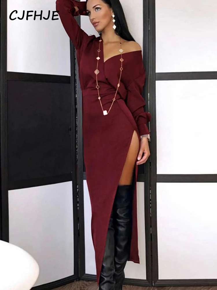 

CJFHJE Solid Bodycon Deep V Neck Long Sleeves Ankle-Length Dress 2022 Autumn Winter Women Fashion Elegant Club Y2K Robe