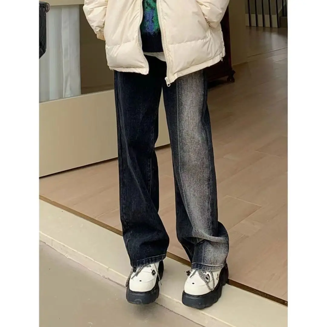 Jeans women's 2022 new Korean black design wide leg mop pants  streetwear women  low rise jeans  Cotton  Ankle-Length Pants