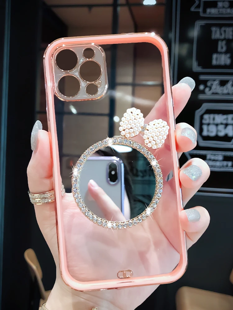 

Cute Pearl Bow Round Vanity Mirror Female Soft Case For Iphone 11 12 13 Pro Max 7 8 Plus Xr X Xs Se 2020 Anti-drop Cover Fundas