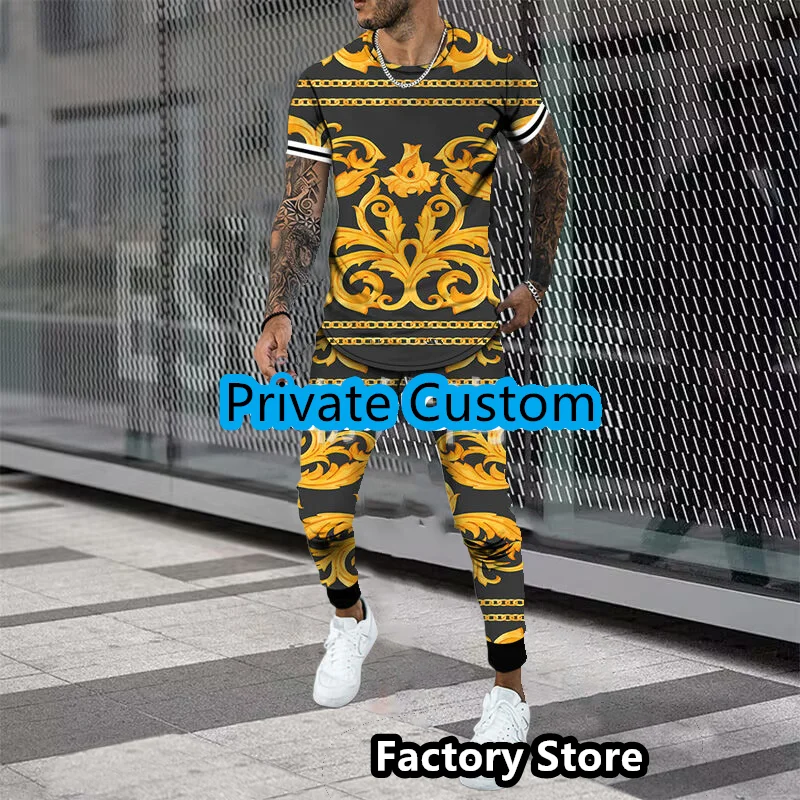 

Oversized Men's Short Sleeve T-shirt Outfit Fashion Summer O-Neck 2 Piece Suit Pants Set 3D Print Jogger Clothing Man Streetwear