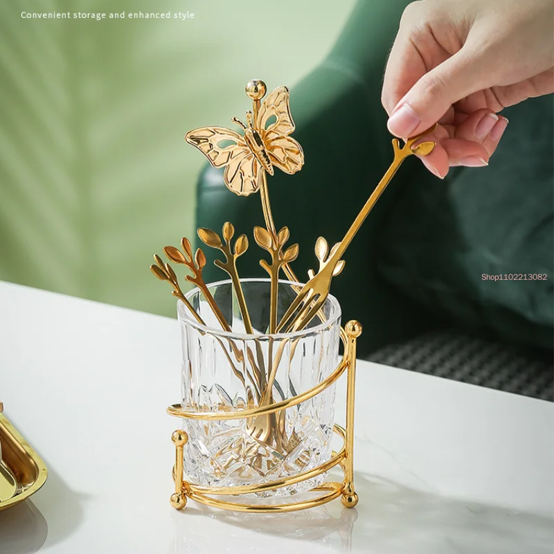 Нержавеющая сталь вилка для фруктов набор ложек стеллаж хранения посуды золотой