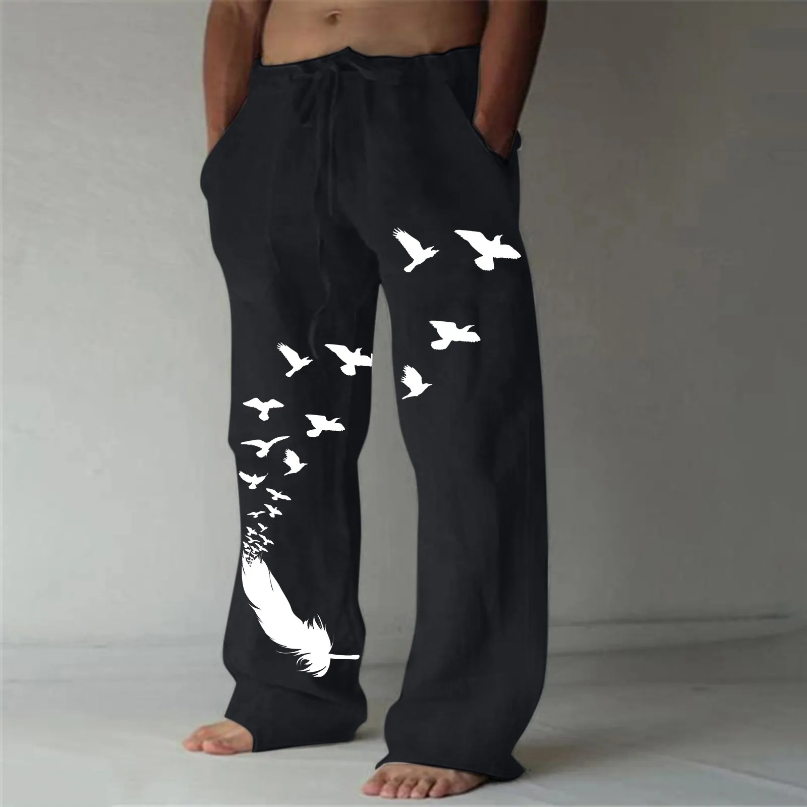 

with 6 Men Casual Tree&Bird Print Full Length Pants Pocket Drawstring Trousers