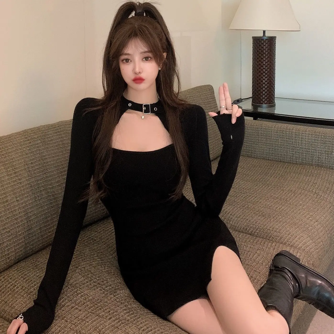 

Korean Fashion Halter Y2k Dress For Woman Sexy Slim Bodycon Mini Dresses Kawaii Long Sleeve Hollow Out Gothic Dress Vestidos
