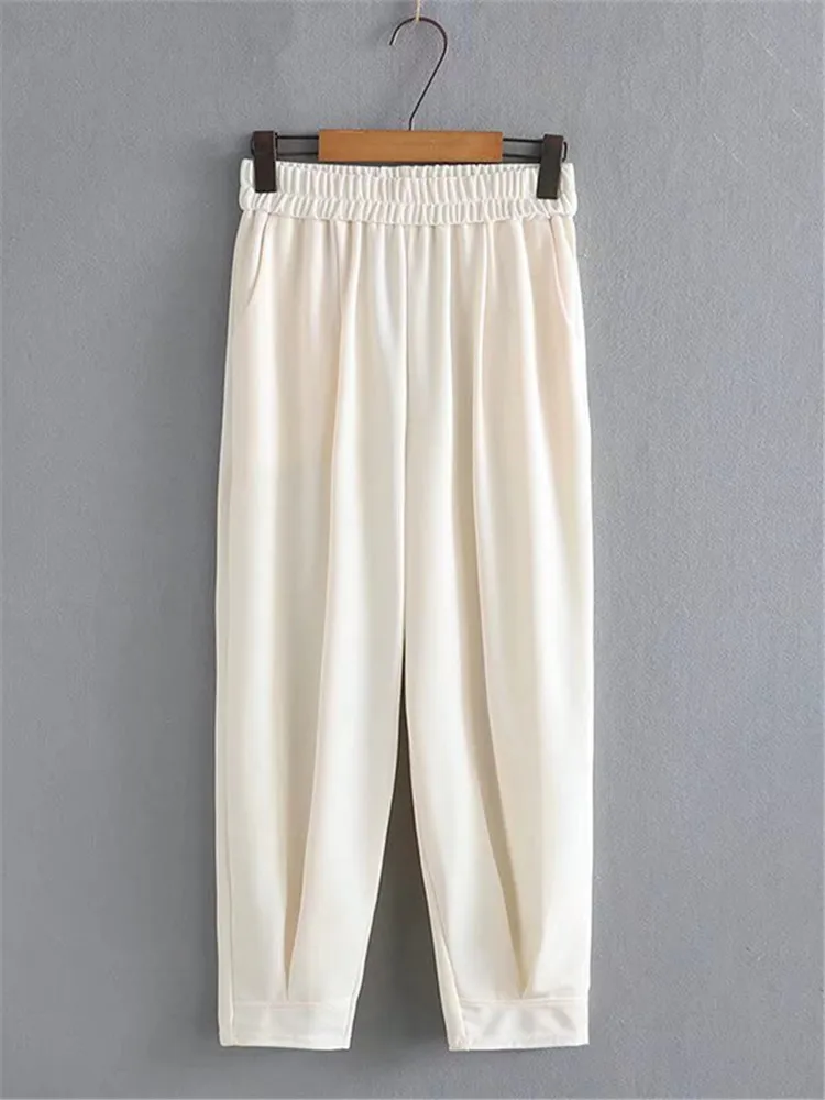 

Plus Size Women's Clothing Summer Clothes Elastic Waist Cropped Pants With Pockets Solid Color Large Size Loose Casual Pants