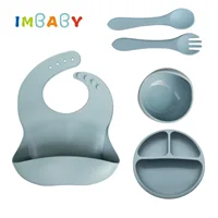 IMBABY Silicone Baby Feeding Set Waterproof Baby Bibs Food Grade Baby Feeding Bowl with Spoon Baby Suction Cup Plate Kids Dishes