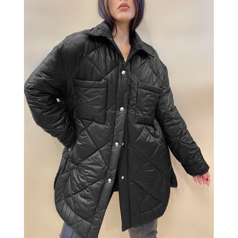 Women Fashion Simple Argyle Coats Women Elegant Turn Down Collar Solid Cotton Jackets Front Buttons Parkas Female Ladies Outwear