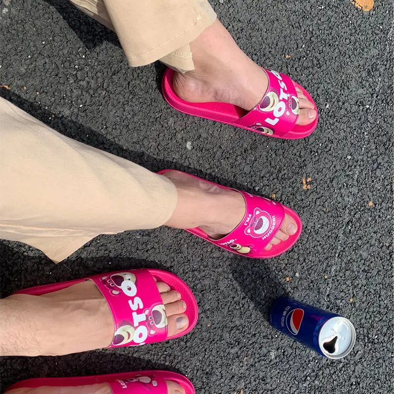 Disney Girl Heart Strawberry Bear Summer Cute Cartoon Couple Bathroom Non-slip Slippers Women's 2022 New Arrival Sandals For Men