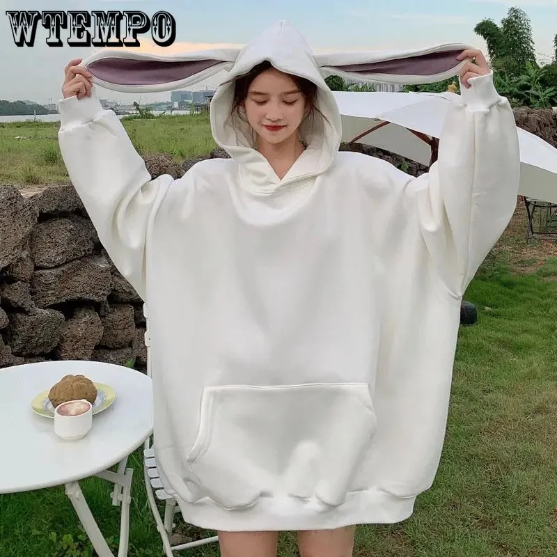 

WTEMPO весенние осенние однотонные милые женские толстовки с кроличьими ушками новые корейские свободные модные повседневные толстовки с длинным рукавом Верхняя одежда оптом