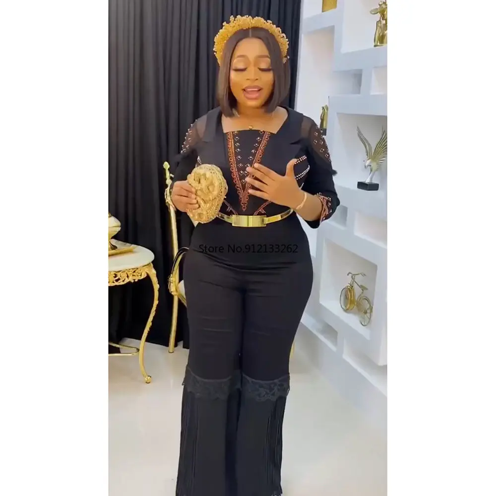 

2022 Women Wide Leg Pants Design Bazin Dashiki African Lady Jumpsuit Elegant Plus Size Turkey Africa Wedding Party Clothing