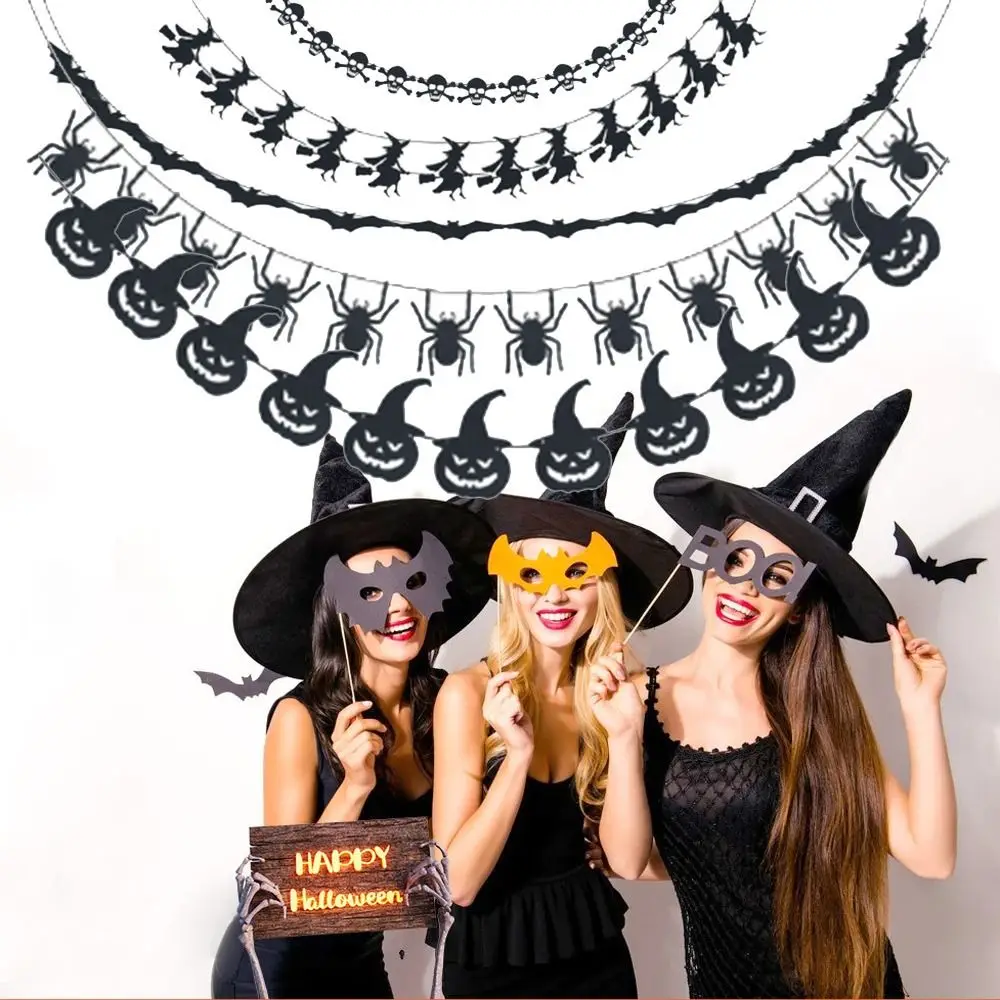 

Halloween Paper Garland Black Pumpkin Bat Spider Witch Skull Bunting Banner Hanging Flags Halloween Hanging Decoration Prop