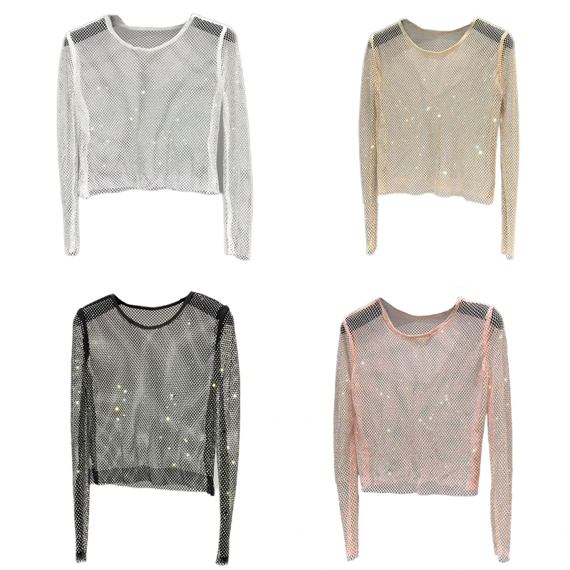 

Женская сексуальная прозрачная Сетчатая футболка с блестками, ажурный пуловер с длинным рукавом, топы, чехол для ночного клуба