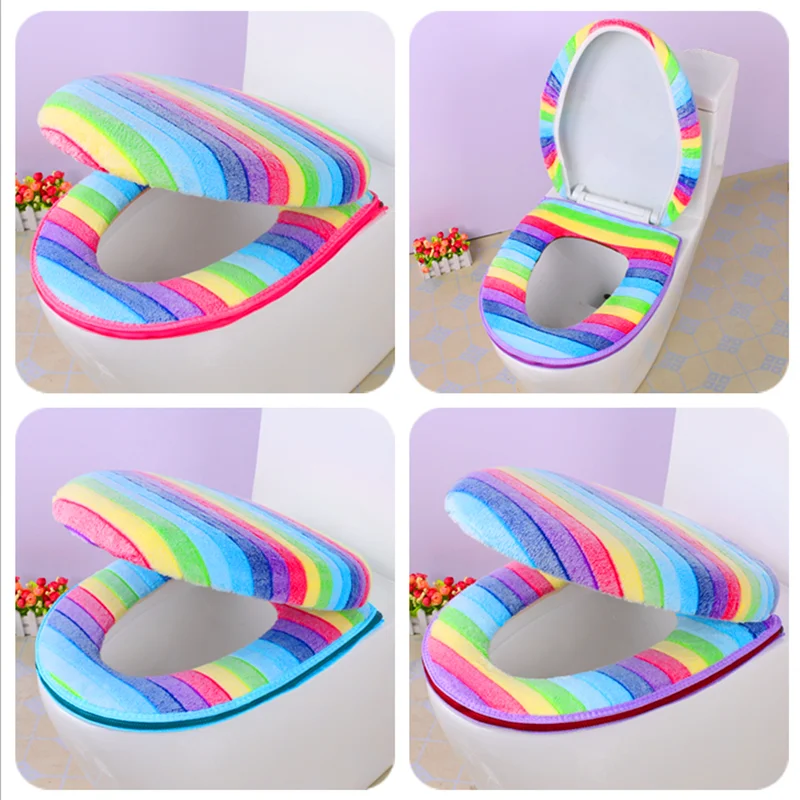 

2PCS/SET Colorful Rainbow Stripe Thermal Zippered Toilet Seat Cushion Bathroom Potty Set Toilet Seat Cover O Ring Toilet Set Mat