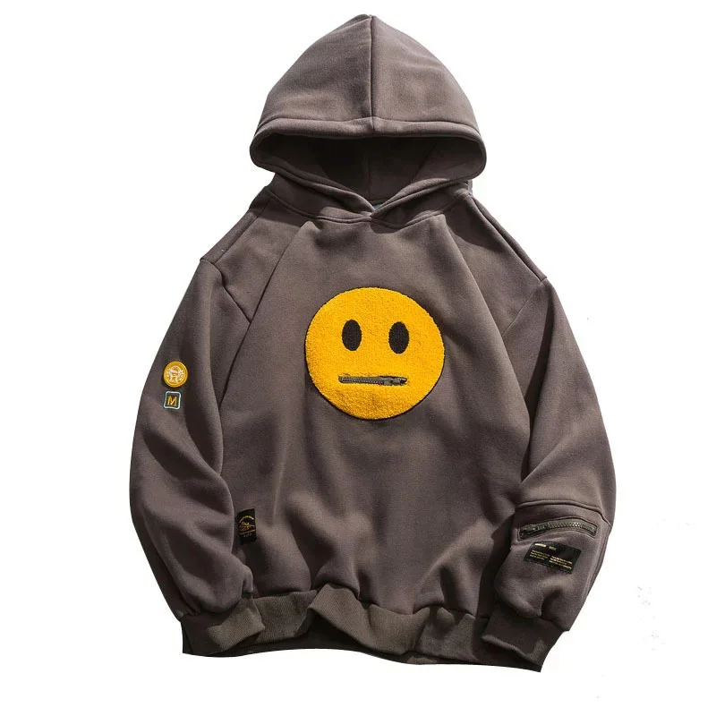 

Brown Patchwork Hooded Sweatshirt Smiley Zip Design Big Pocket Hoodies Tide Hip-hop Streetwear New Casual Unisex Pullovers