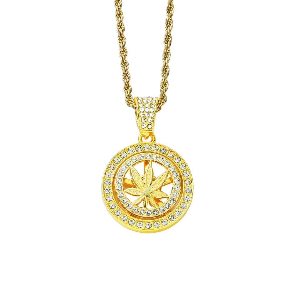 European And American Hip Hop Full Diamond Disc Rotating Maple Leaf Pendant Necklace