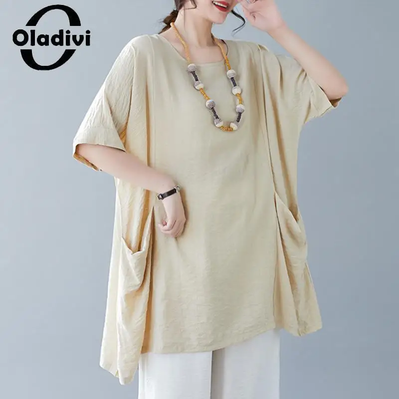 

Oladivi Fashion Women Casual Loose Pockets Blouses 2023 Summer New Short Sleeve Oversized Shirts Ladies Big Top Tunic Blusa 8993