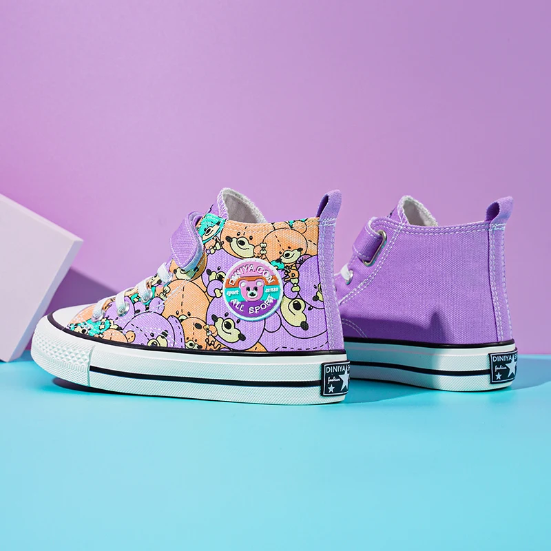 Trendy Pink Children's Shoes Spring 2022 Cute Cartoon Bear Sneakers Boy Comfortable Flat Kids Shoes High top Canvas Shoes Girls