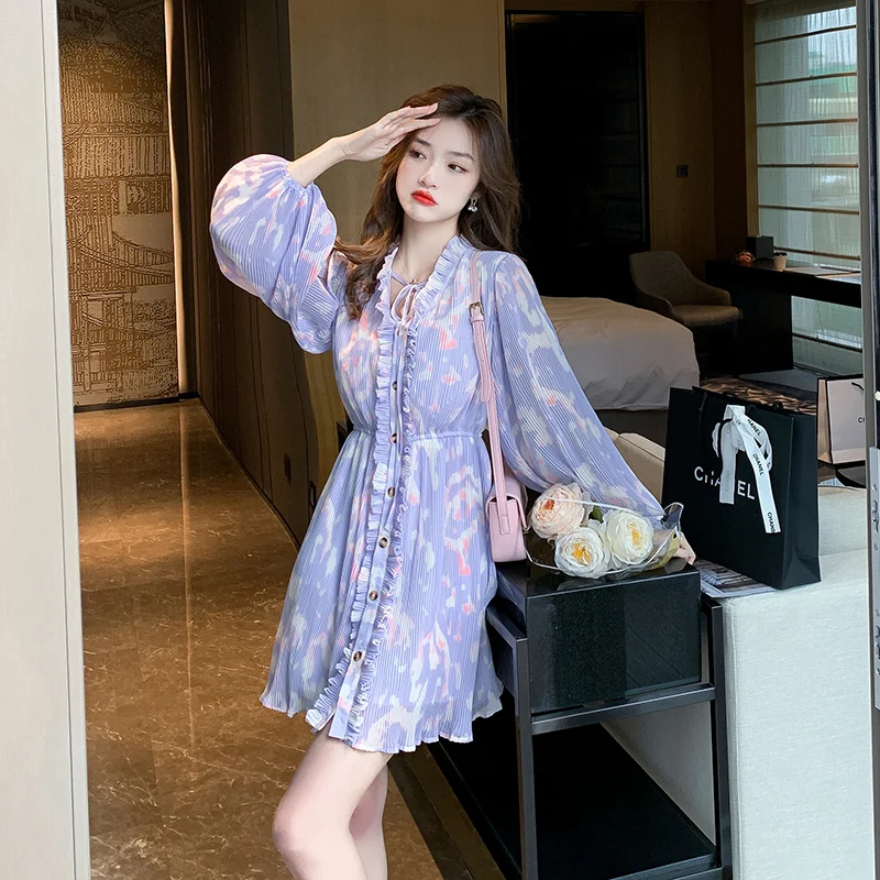 

COIGARSAM Elegant Dresses Women Autumn New Chiffon Purple Dress