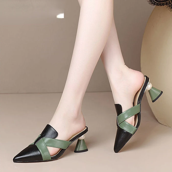2023 Summer Hot Women Slippers New Thick Heel Soft Leather Women Half Slippers High-heel Patchwork Mules Shoes Woman