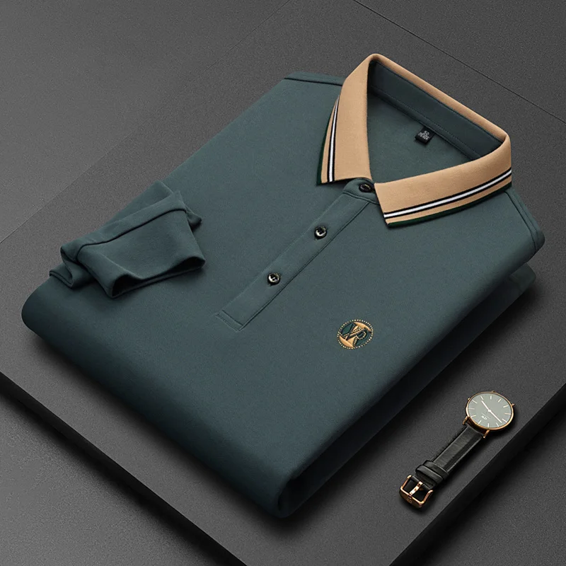 

high-end Autumn mercerized cotton long sleeve polo shirt men's fashion exquisite embroidered T-shirt casual Lapel luxury top