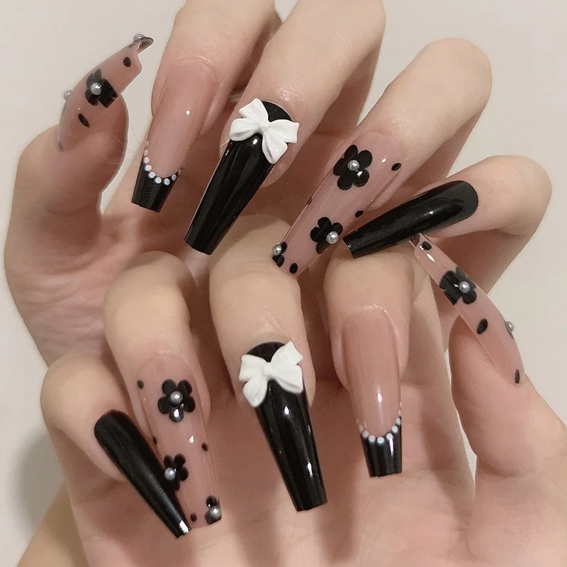 

24 Pcs Long Love Bow Design Ballet Coffin Fake Nails Cute Flowers Artificial Plastic Press On False Nail Tips Manicure Nail Art