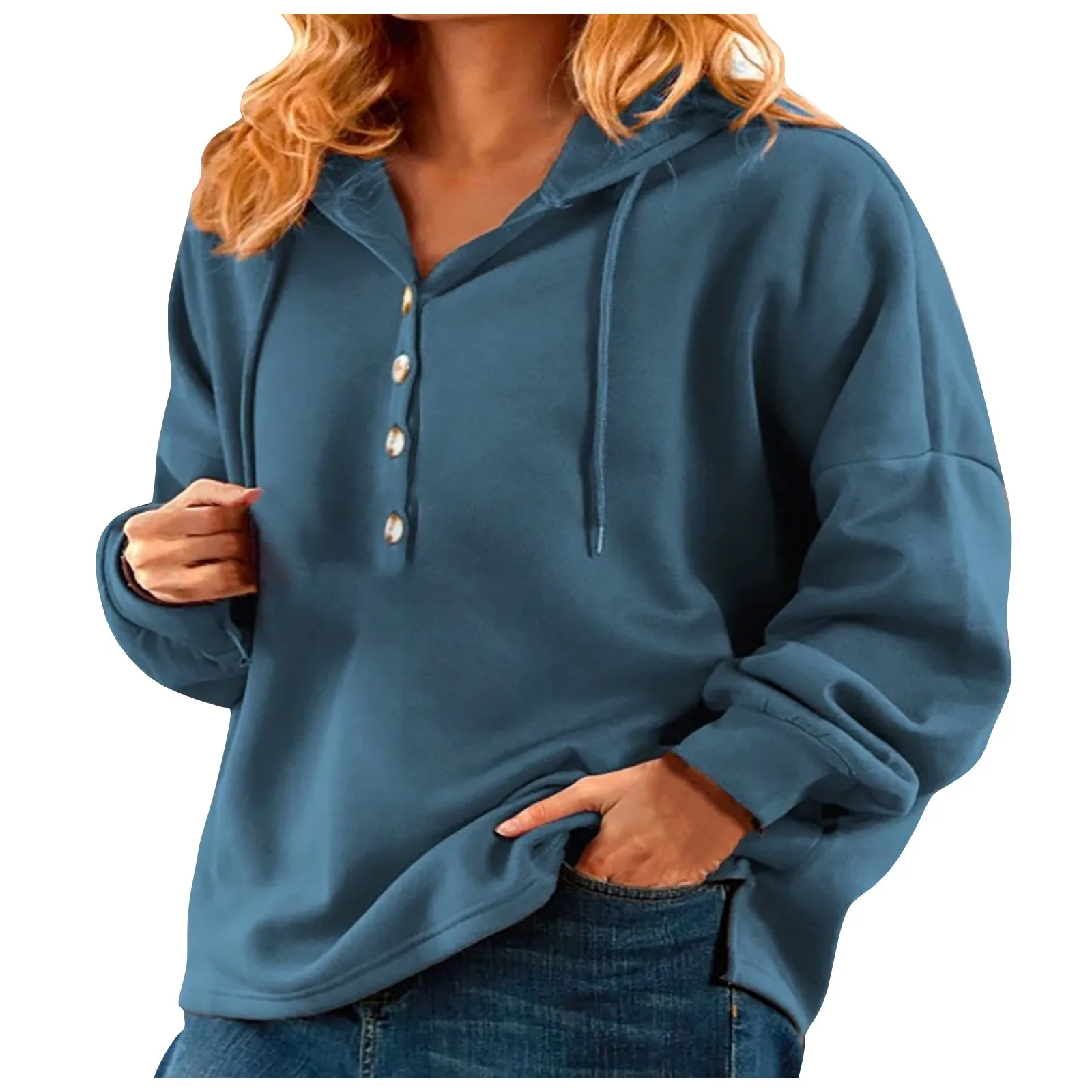 

Top Women Autumn/Winter Solid Colour Hooded Button Drawstring Sweatshirt Top футболка женский Roupas Feminin майка женская 2022