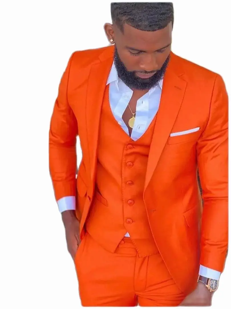 Bright Orange Notch Lapel Men Suit Costume Homme Wedding Dress Tuxedos Terno Masculino Slim Fit Groom Prom Party Blazer 3 Pcs