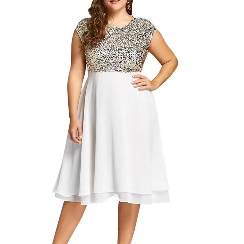 Plus Size 5XL Women's Cothing Summer Sexy Fashion Chiffon Sequin Shiny Party Princess Dress Patchwork Layerd Sleeveless Sundress