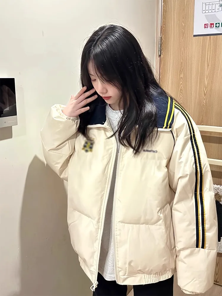 Ins Повседневное утолщенное пуховое пальто в американскую полоску Верхняя одежда