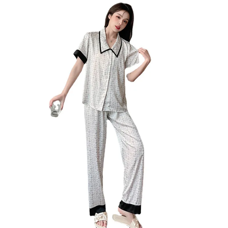 Summer Women's Ice Silk Short Sleeve Trousers Button Cardigan Pajamas Sets Inlaid Color Classic Style Sweet Elegance Houndstooth