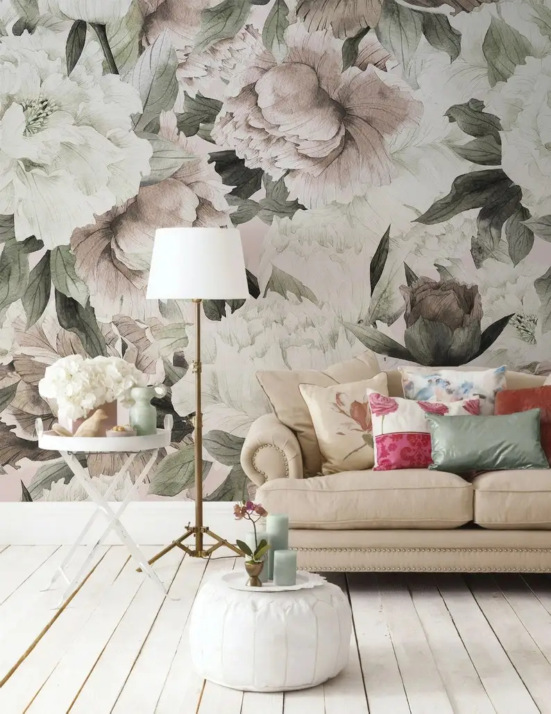 

Floral Wallpaper Peel and Stick | Watercolor Soft Peony Flower Wall Mural
