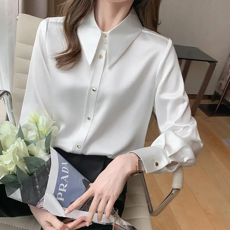 

Spring New White All-match Shirt Tops Long Sleeve Polo Neck Solid Color Plus Size Blouse Office Elegant Fashion Women Clothing