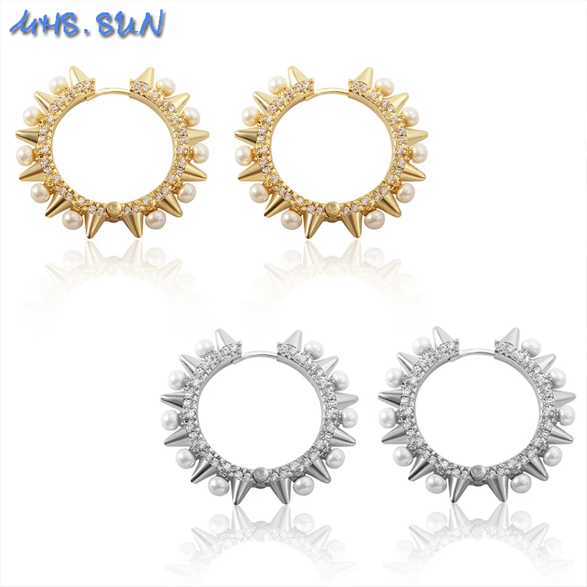 

SUNSLL Punk Jewelry Luxury Hyperbole Women Geometric Pearl Earrings Copper Gold/Silver Color Zircon Hoop Earrings Party 1Pair