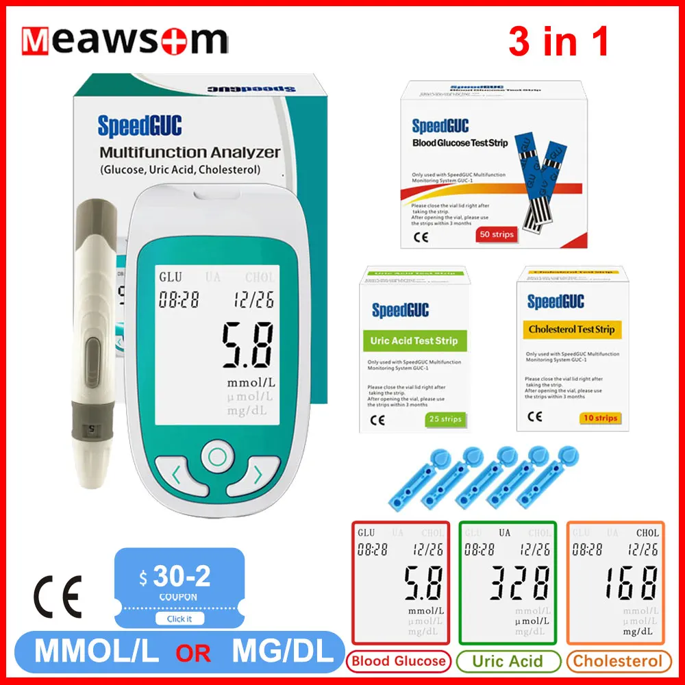 

Meawsom 3 in 1 Multi-function Blood glucose monitor Cholesterol Uric acid meter glucometer Diabetes Gout sugar Test Strips