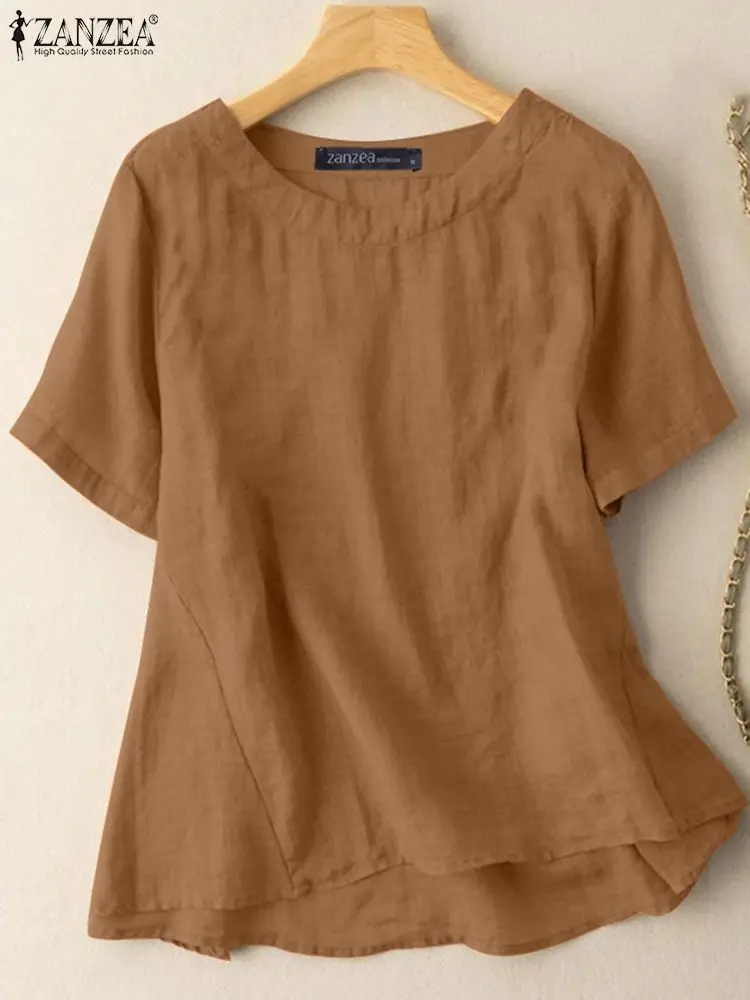 

ZANZEA Summer O Neck Short Sleeve Tops Women Fashion Cotton Shirt Tunic Female Chemise Casual Solid Loose Blouse Vintage Blusas