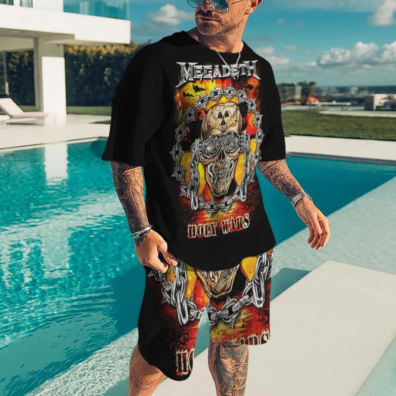 

New Summer Fear Skull Print Men Suit O-neck Short-sleeved T-shirt Pants Casual 2 Piece Set 2022 Fashion Oversized Male Clothing
