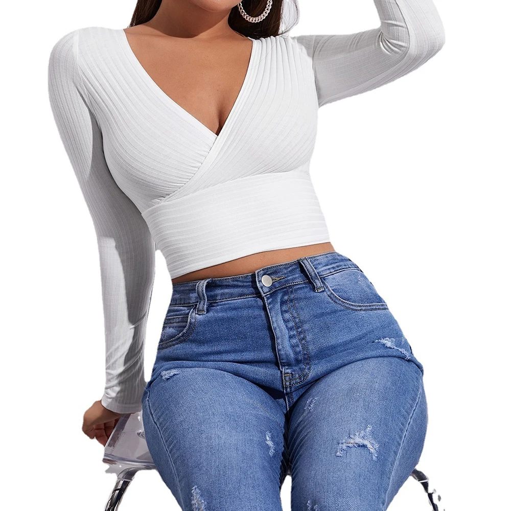 

Umbilical sexy slim women's T-shirt low V pullover solid color long sleeve base shirt