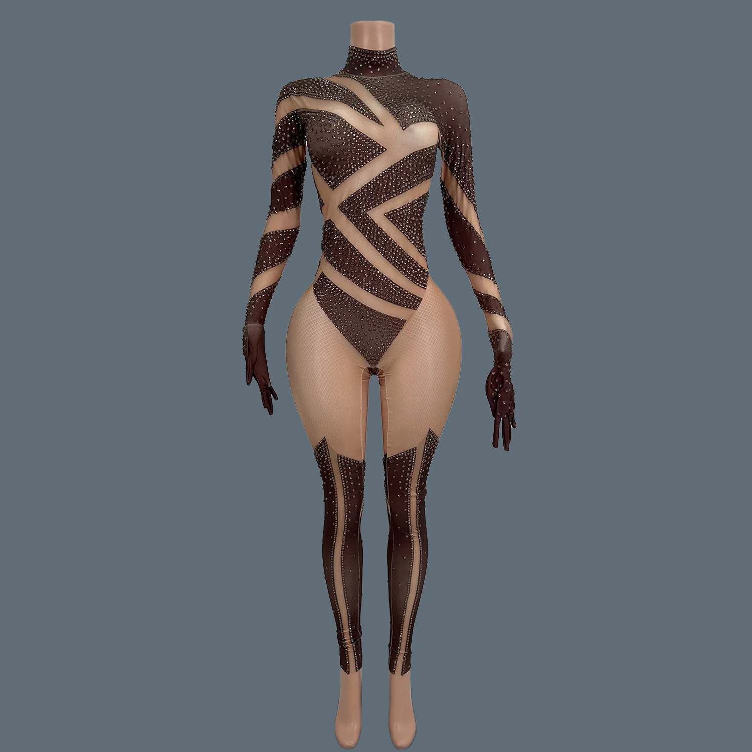 Женский комбинезон из спандекса со стразами и длинными рукавами костюм для