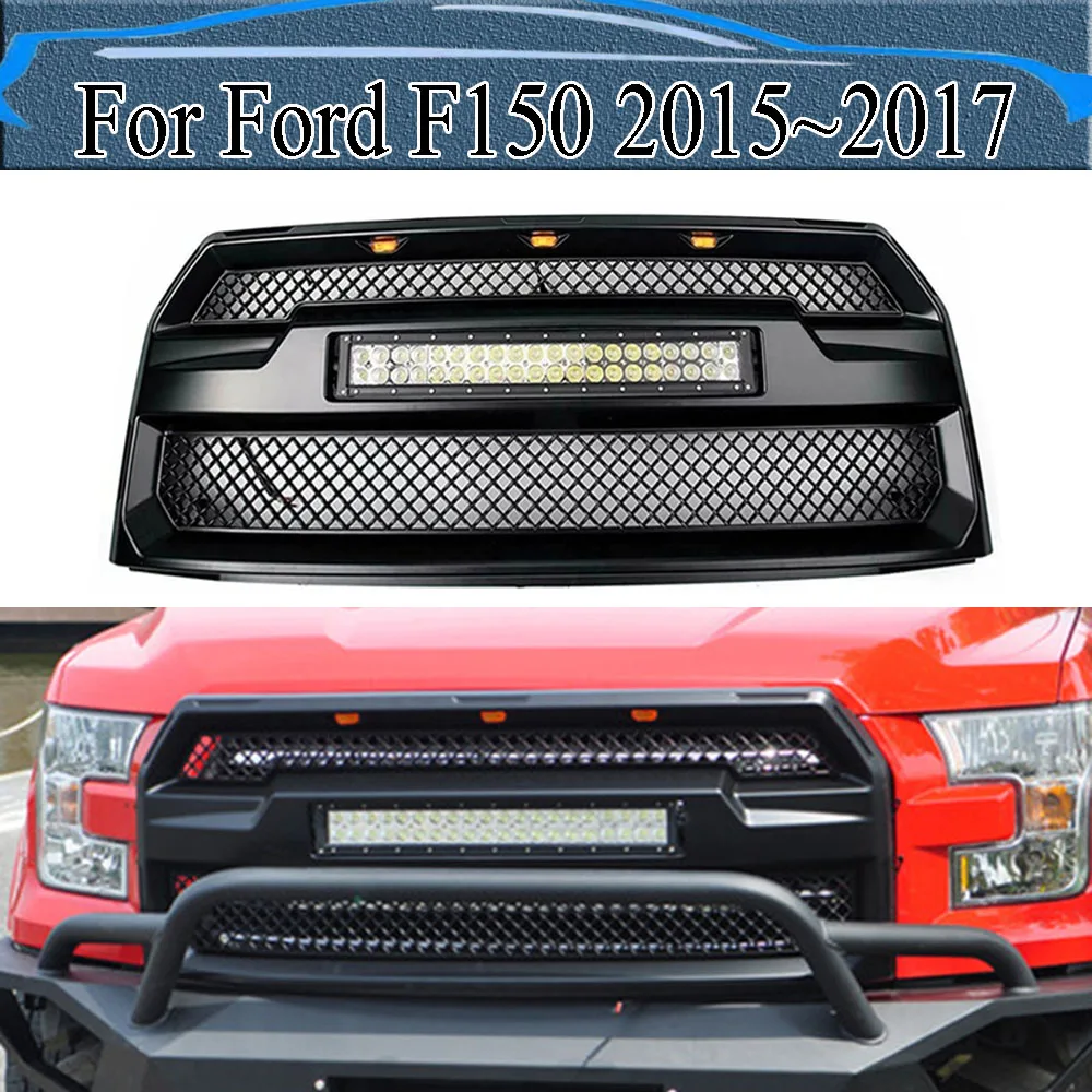 

For Ford F150 2015~2017 Raptor Modified Racing Grill Front Bumper Upper Grills Radiator Grille Wiht LED Light Bar 120W Fit