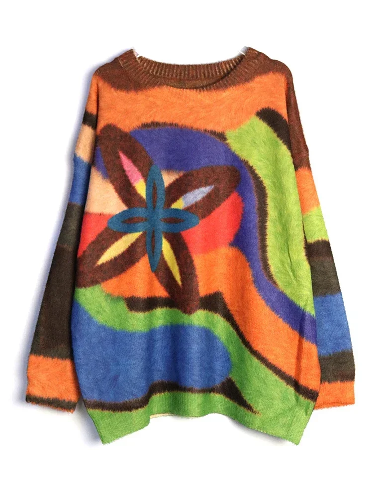 Вязаный свитер контрастных цветов XITAO модный нестандартный Полосатый Простой